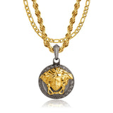 Gold & Gun Metal Medusa Pendant & Figaro Chain Set - VIRAGE London, 3512